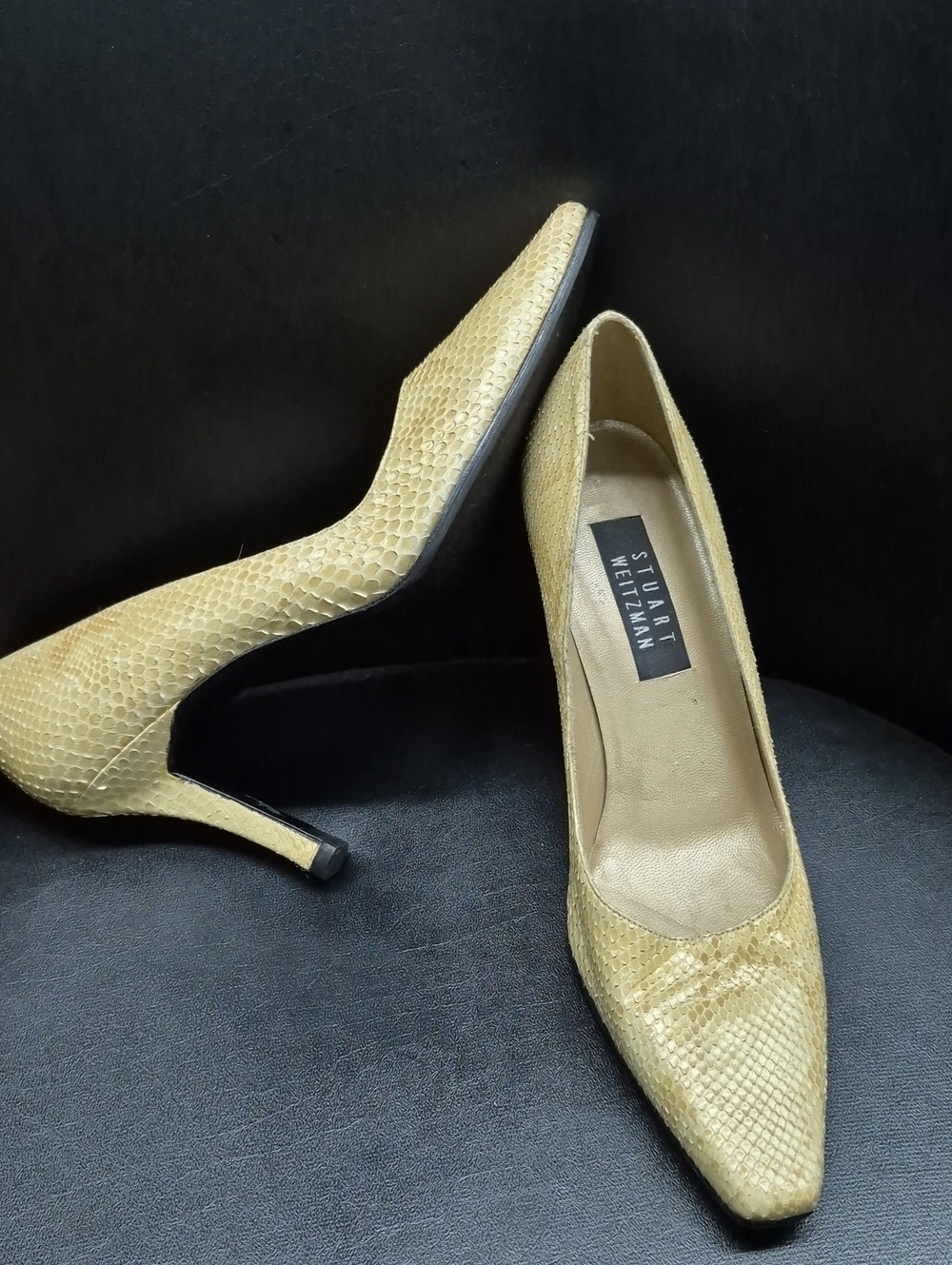 Stuart Weitzman Gold Snakeskin Pointed Toe Heels